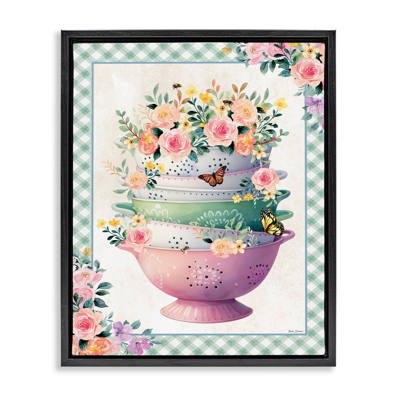 Stupell Industries Stacked Bowls Plaid Border Framed Floater Canvas Wall Art Design by Nicole DeCamp